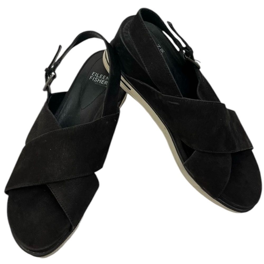 Eileen Fisher Good Black Leather Crisscross Wedge Sandal Slingback Strap Size 7